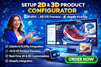 setup 2d 3d product configurator on zakeke, av vr preview, and shopify kickflip