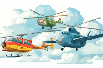 draw aircraft, airplane, helicopter into a vector cartoon