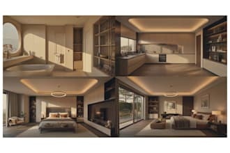 create  3d interior design for bathroom, kitchen, bedroom and living room design