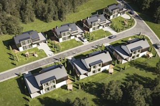 develop modern suburban area, residential complex design, 3d townhouse rendering
