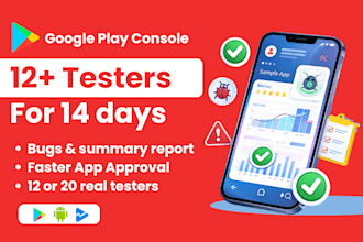 provide 12 testers 20 testers closed testing mobile app testing 12 testers