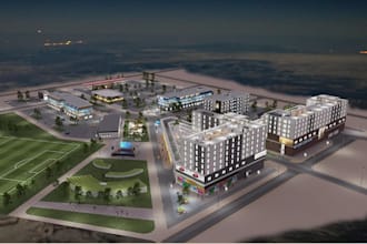 3d aerial view rendering, night smart city design, remodel mixed use development