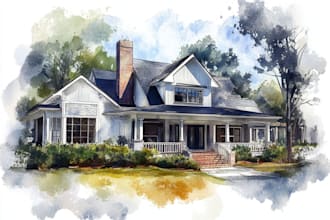 handmade watercolor painting of house