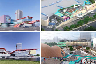 develop 3d mixed use building, shopping mall exterior, urban landscape rendering