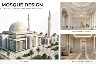 design 3d modern mosque and, islamic centre, ablution space and walk though