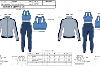 create activewear and sportswear tech pack for gym fitness and athleisure bran
