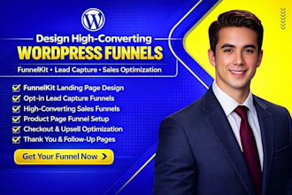design wordpress funnelkit landing page, optin lead capure funnel,product page