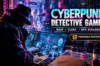 write and design cyberpunk noir printable detective game stories and dialogue