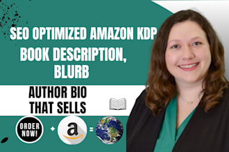 write SEO optimized amazon KDP book description, author bio