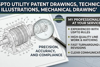 draw uspto utility patent drawing, technical illusrations and mechanical drawing
