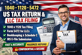 prepare 1040 1120 5472 US tax return llc tax filing bookkeeping and irs efile
