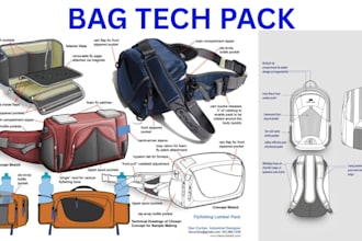 design bag tech pack, bag design, tote bag, technical drawing and tech pack