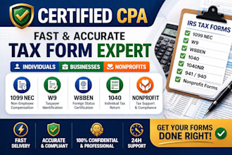 prepare 1099 nec, w9, w8ben, 1040 forms and nonprofit tax support
