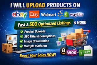 upload products and do listings on ebay, etsy, shopify, wayfair, walmart