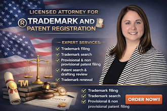 handle patent drafting, filing and trademark search,  filing, sou and renewal