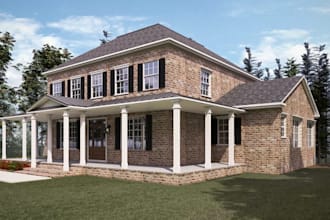 corona render building facade, cgi bungalow house design,front brick, new garden