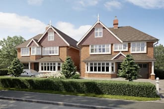 design 3d detached house,front elevation facade render,red brick masonry,rooftop