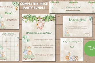design a watercolor safari baby shower invitation and party bundle