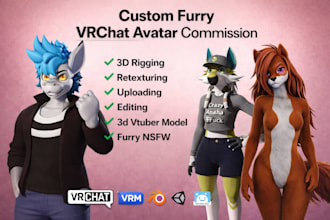 do custom 3d furry vrchat avatar with facial expression, nsfw anime vtuber model