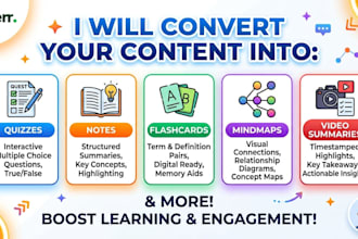 turn your content into notes, summaries, mind maps and quizzes