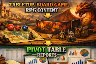 write table top, board game, rpg content and pivot table reports