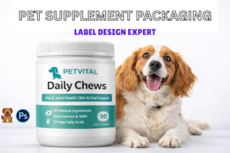 create product packaging and label design for pet supplement and wellness brands