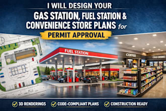 draw gas station, fuel station and convenience store plans for permit approval