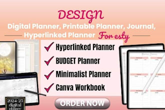 design digital planner, printable planner, journal, hyperlinked planner for etsy