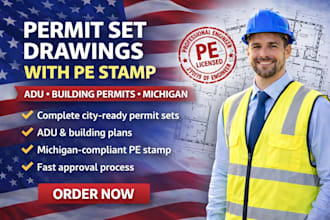provide pe stamp for USA city full permit set adu permit drawing for michigan