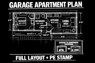 design garage apartment kitchen bathroom living area modern space pe stamp