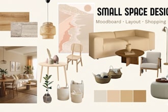 design your small apartment or studio with moodboard layout and shopping
