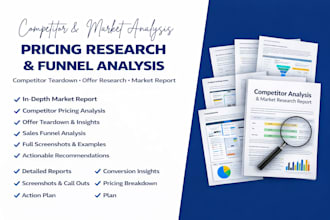 do competitor pricing research, offer teardown, funnel analysis, market report