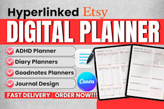 design etsy hyperlink digital planner, journal goal planner goodnotes notability