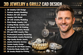 do 3d jewelry, 3d grillz cad model, ring, pendant for 3d rendering and printing