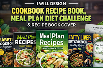 design cookbook recipe book, meal plan, diet challenge and recipe book cover