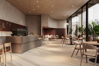 renovate coffee shop, restaurant design, cafe interior 3d rendering, walkthrough