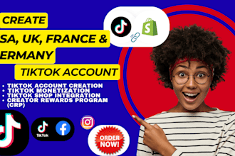 setup UK, USA, france, tiktok accounts with creator rewards and shop ready