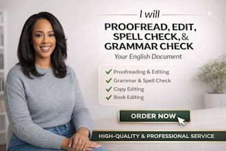 proofread, edit, spell check and grammar check your english document