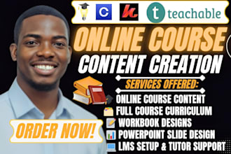 create complete online course content with curriculum, workbook, and slides