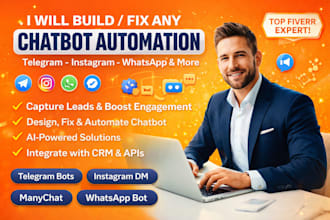 build, fix manychat chatbot instagram dm automation, whatsapp bot, telegram bot