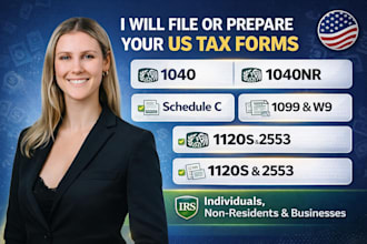 prepare and file 1040, 1040nr, schedule c, 1099 w9 and 1120s 2553 tax forms