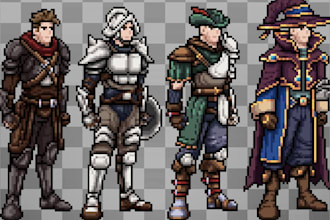create pixel character design, pixel game art, game sprites, 8bit 16bit 32bit