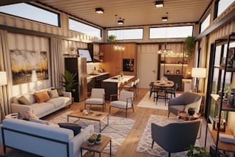 design 3d container, home interior design, shipping container and rendering