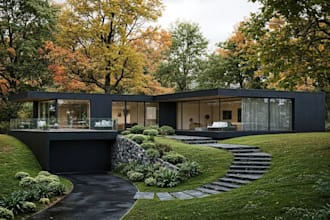 modern frontyard garden design, cgi landscape render, backyard outdoor revit