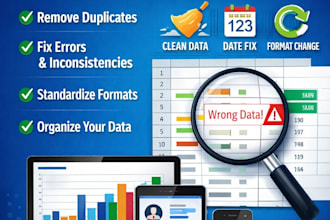 do data cleaning, formatting, remove duplicates, merge and split excel data