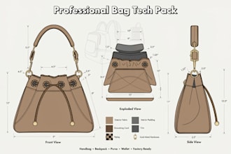 design complete tech pack for backpack, handbag, purse, wallet, suitcase
