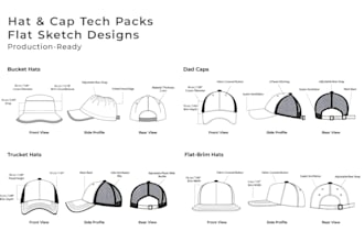 professional hat, cap tech packs, bucket, dad, trucker hats with flat sketches