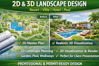 do 2d landscape master plan and 3d render for resort, pool, spa, villa or hotel
