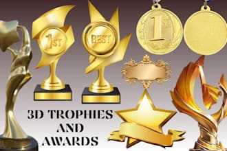 design 3d trophy and 3d medals awards cup, coin models rendering for 3d printing