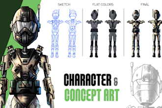 design game character or creature concept art with turnaround sheet